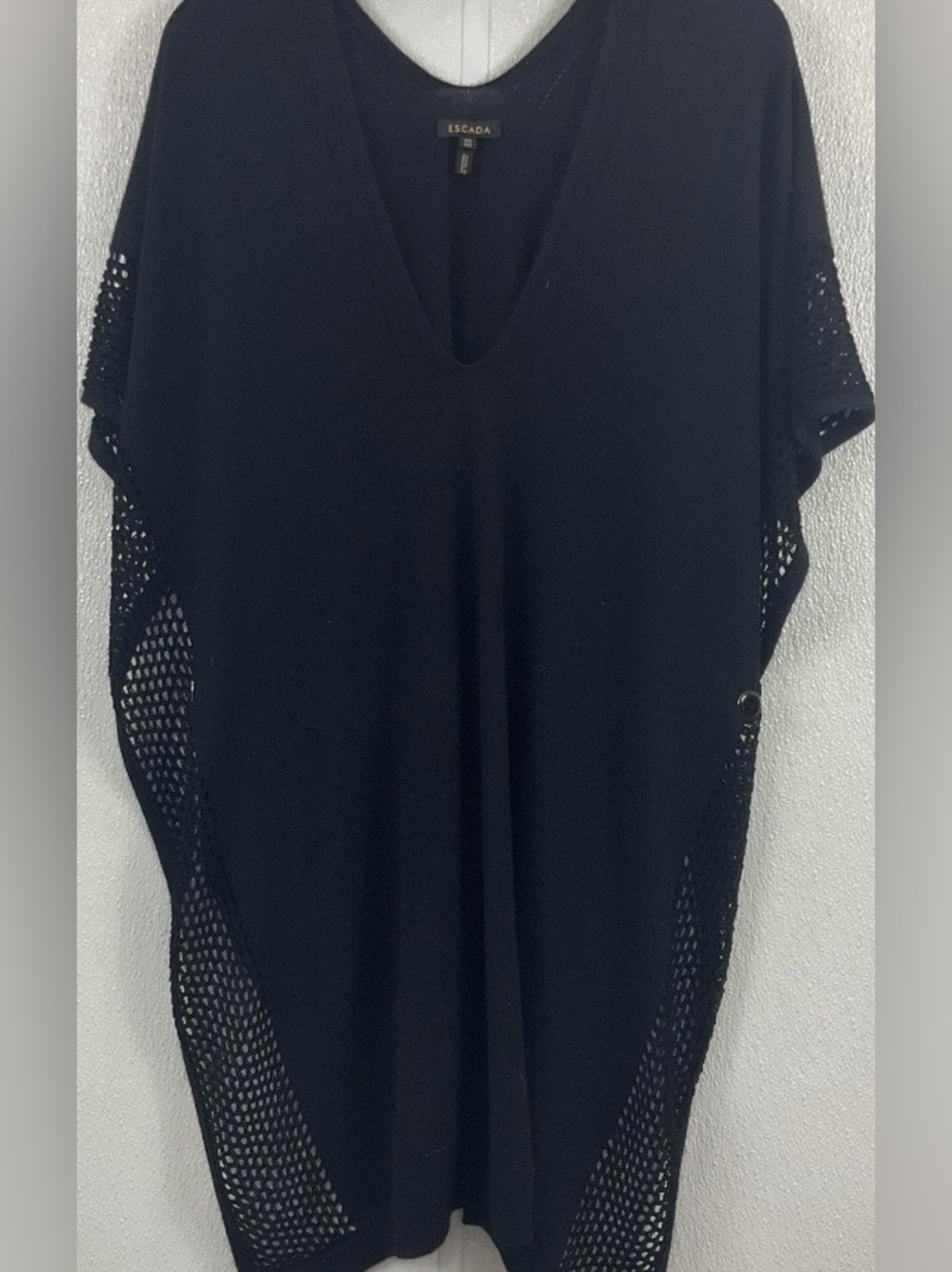 Escada Black Knit V-Neck Tunic Poncho Coverup Mesh and Cashmere